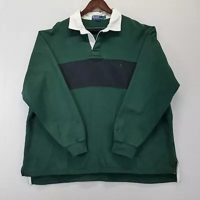 Vintage Polo Ralph Lauren Rugby Polo XXL Shirt Green Black Stripe Long Sleeve • $34.95