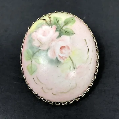 Hand Painted Porcelain Brooch Pink Roses Oval Floral Vintage Pin • $22