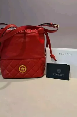 Versace Red Quilted Leather Drawstring Shoulder Bag Bucket Crossbody Handbag • $850