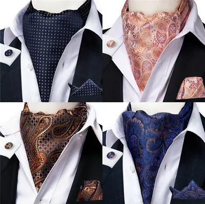 100% Silk Mens Cravat Tie Purple Ascot Handkerchief Cufflinks Set Wedding Party • £7.99