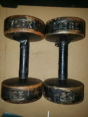 Vintage Pair Of York Cast Iron 25lb Round Head Dumbbells - Pre Usa - • $99.99