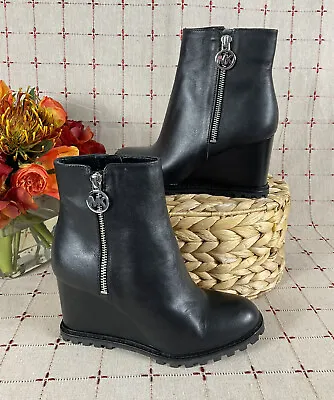 Michael Michael Kors “Evelyn” Black Leather Wedge Ankle Boots Lug Sole Sz 5.5 • $89.99