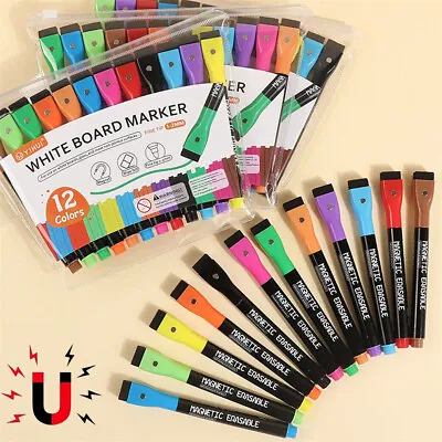 12 Colour Magnetic White Board Marker Pens Pen Dry Eraser Easy Wipe Whiteboard  • £4.98