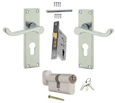 Satin Chrome Euro Scroll Lever Lock Door Handle + Euro Sashlock +Cylinder & Turn • £95