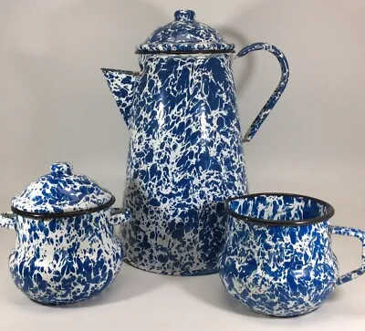 CGS International Blue & White Splatter Enameled 3 Pc Tea Pot Sugar Bowl & Cream • $59.90