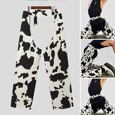 Fashion Men Cow Print Cargo Pants Hollow Drop Crotch Hip Hop Party Long Trousers • £15.95