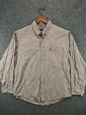 IZOD Shirt Mens Large Brown Plaid Crest Logo Button Up Long Sleeve Work Casual • $15.99