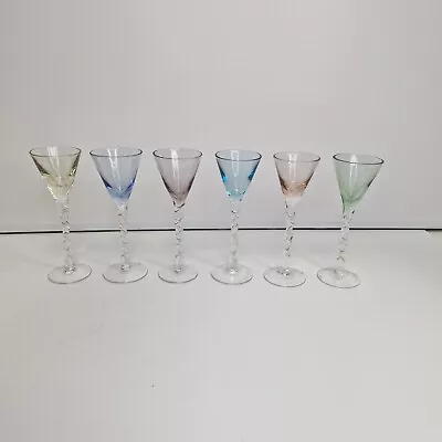 Six Vintage Coloured Glasses Cocktail Mini Twisted Stem • £15