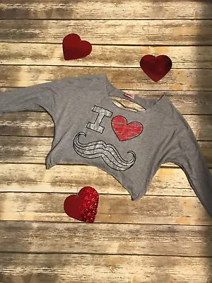 I Love Mustaches Top Gray Cut Out Back Cropped Small • $12