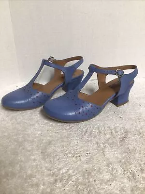 Mia Mooz Finola Cobalt Blue Leather T Straps Sandals Closed Toe Women’s Size 8 • $39.95