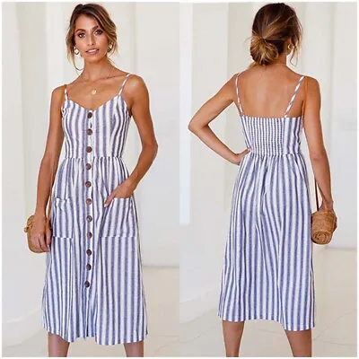 BOHO Womens Strappy Sun Dresses Summer Holiday Beach Midi Dress Plus Size 6-20 • £14.95