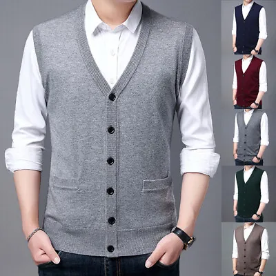 $19.49 • Buy Mens Knitted Button Cardigan V-Neck Sleeveless Sweater Knitwear Vest
