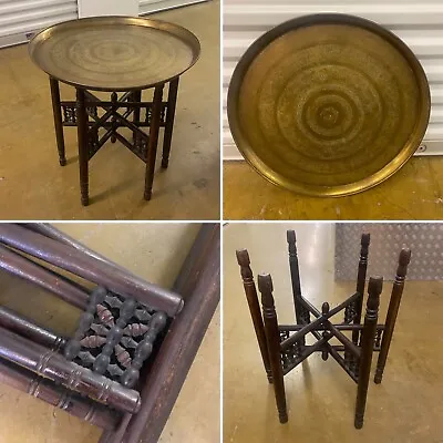 Large Antique Indian Carved Folding Side Table Brass Tray Wooden Base Boho Decor • $431.10