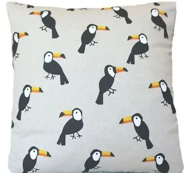 Toucan Cushion Cover Black Birds Natural Printed Grey Linen Fabric 16x16” SALE • £4.89
