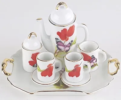 Mini Collectible Hibiscus Porcelain Tea Set Teapot Sugar Bowl Creamer 2 Teacups • $15.97