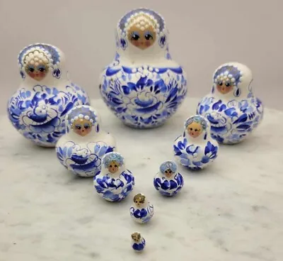 Russian Babushka Nesting Dolls Matryostraka Set Of 9 White & Blue 3.5  C19 • $22.99