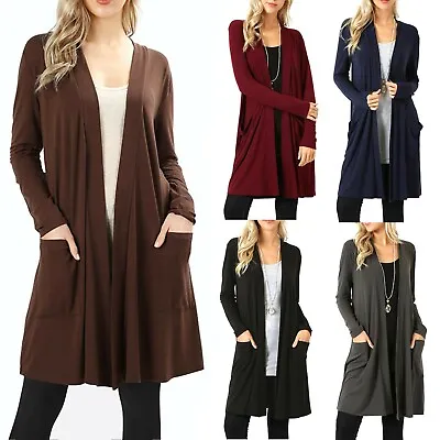 Womens Long Open Front Slouchy Cardigan Sweater Sleeve Pockets Loose Drape • $9.99