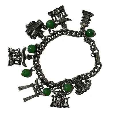 Vintage Asian Chinese Charm Bracelet Silver Tone Green Beads 7” Chunky Temples + • $9.99