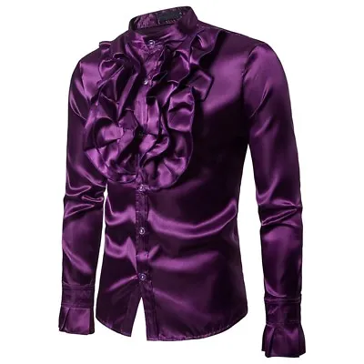 Men Faux Silk Satin Ruffle Shirt Tops Long Sleeve Fancy Clothes Victorian Retro • $16.62