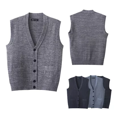 New V Neck Cardigan Knitted Vest Mens Sleeveless Button Up Sweater Tank Tops UK • £6.99