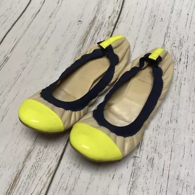 J. Crew Mila Cap Toe Leather Ballet Flat In Neon Yellow Navy Nude • $30