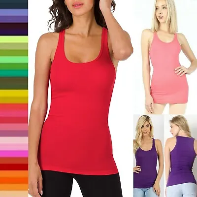 Women's Solid Stretchy Soft Cotton Ribbed Knit Tank Top Muscle Back / Racerback • $6.45