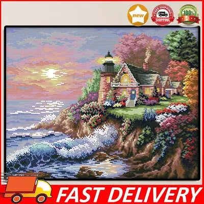 14CT Stamped Seafront Cross Stitch Lighthouse Landscape DIY Cotton Canvas  • £9.13