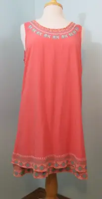 Monoreno Sleeveless Coral Shift Dress Embroidery Lined Size Large* • $14.99