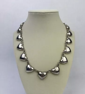 Vintage Taxco Sterling Silver 925 Linked Puffy Hearts Necklace • $55