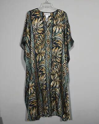 Winlar Kaftan - Dark Teal Green-Gold-Black-Geometric & Leaves Pattern-One Size • $28.99