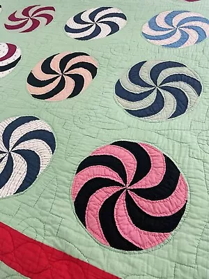 Vintage 30s 40s Christmas Peppermint Swirl Quilt Green Red Hand Stitched 71x80 • $599