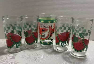 Set Of 5 Vintage Green Checked Watermelon Glass Tumblers • $23