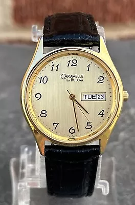 Vintage Caravelle By Bulova Men's Gold Tone Day/Date Watch Quartz New Battery • $5.50