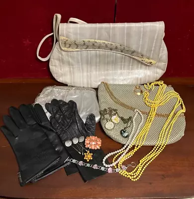Vintage Costume Jewelry Purses & Gloves Lot Whiting & Davis Pearls Eel Skin • $15
