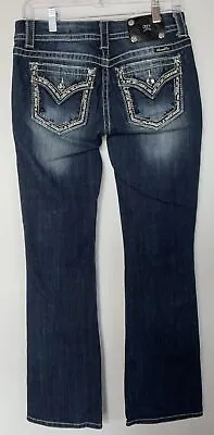 Miss Me Mid Rise Easy Boot Flare Jeans Dark Denim JE8047EL Stud Rhinestone 26/33 • $23.99