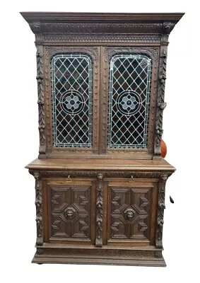 Antique Sideboard Buffet Server Dutch Stained Glass Sideboard Foliage 1800s! • $2775