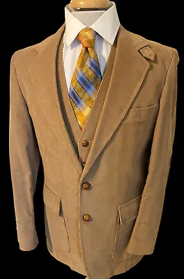 True Vintage JC Penney Sz 40L Brown Corduroy 2 Piece Suit Jacket Vest Elbow Pads • $49.99