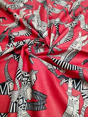 $33.85 • Buy Vintage Red Cotton Fabric Women Dressmaking Sewing Cat Print Crafts Running Yard