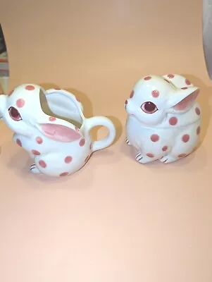 Vtg Hand Painted Pink Polka Dot Rabbit Ceramic Glaze Pitcher & Suger & Lid • $28.44