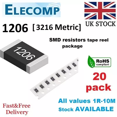 1206 SMD Resistors 1% 5% E24 Values Range 0 Ohm - 10M Ohm 20 Pack Free P&P • £1.99