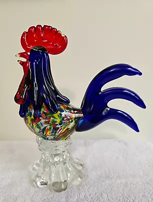 Hand Blown Confetti Glass Rooster Chicken Murano Style Stands 9 1/4  Tall Blue • $9.99