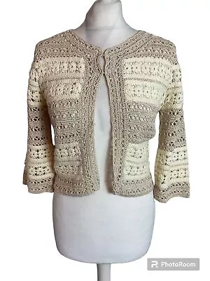 Monsoon Light Brown & Cream Crochet 3/4 Sleeve Hook & Loop Cardigan S 8 10 • £18