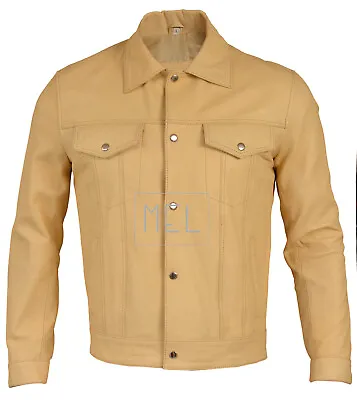 Men's Offwhite Sheepskin Leather Trucker Shirt Biker Button Jacket Jeans Style • $116.99