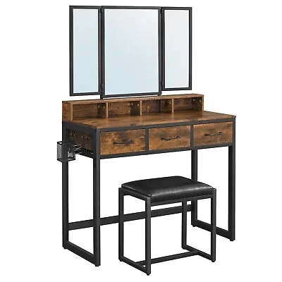 Dressing Table With Mirror And Stool Vanity Table Mirror Makeup Desk 3 Drawers • £79.99