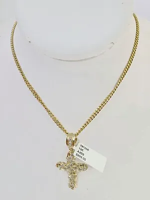 10k Gold Miami Cuban Chain & Cross Charm  Pendent SET 3mm 20 Inches Necklace • $478.49