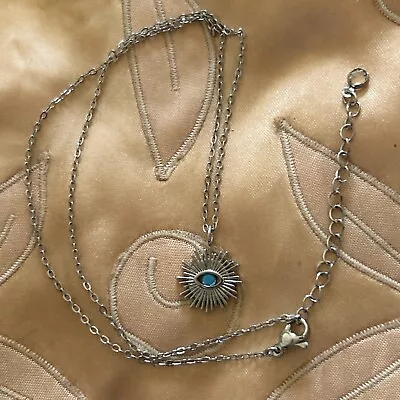 $14.99 • Buy Silver Tone Cantered Evil Blue Eye Necklace