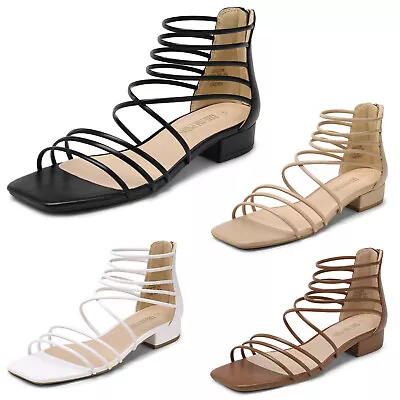 Women Gladiator Sandals Low Heel Strappy Open Toe Flat Shoes • $22.99