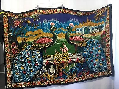 Vintage MCM Peacock Rug Wall Tapestry 58  X 38  Decor Ornate Design Velvet  • $30