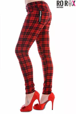 Women's Plaid Check Punk Skinny Trousers - Ladies Goth Emo Stretch Tartan Pants • £34