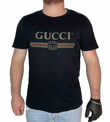 Men`s Gucci Logo Black T-Shirt Size L 440103 X3F05 • $89